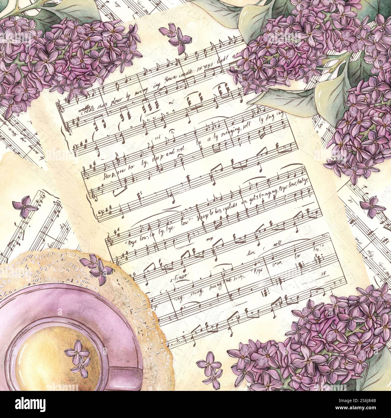 Una composizione con fiori di lilla, un cucchiaino vintage con fiocco di raso, tè e una tazza di tazza su un tovagliolo in pizzo. Illustrazione acquerello isolata su Foto Stock
