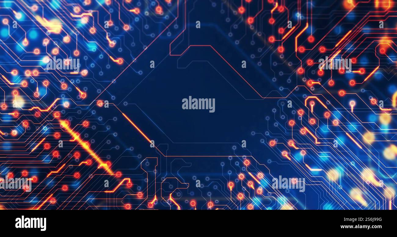 Immagine della rete di collegamenti luminosi sulla scheda a circuiti stampati su sfondo nero Foto Stock