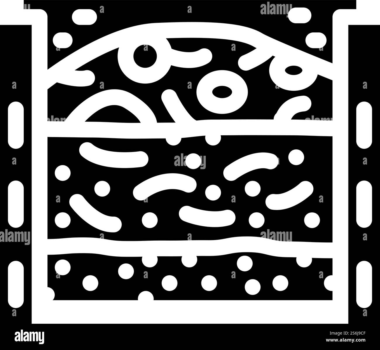 livelli di materiale nel vettore icona del glifo di riempimento. strati di materiale nel segno di composter. illustrazione nera del simbolo del contorno isolato. livelli di materiale nell'illustrazione vettoriale dell'icona del glifo di riempimento Illustrazione Vettoriale