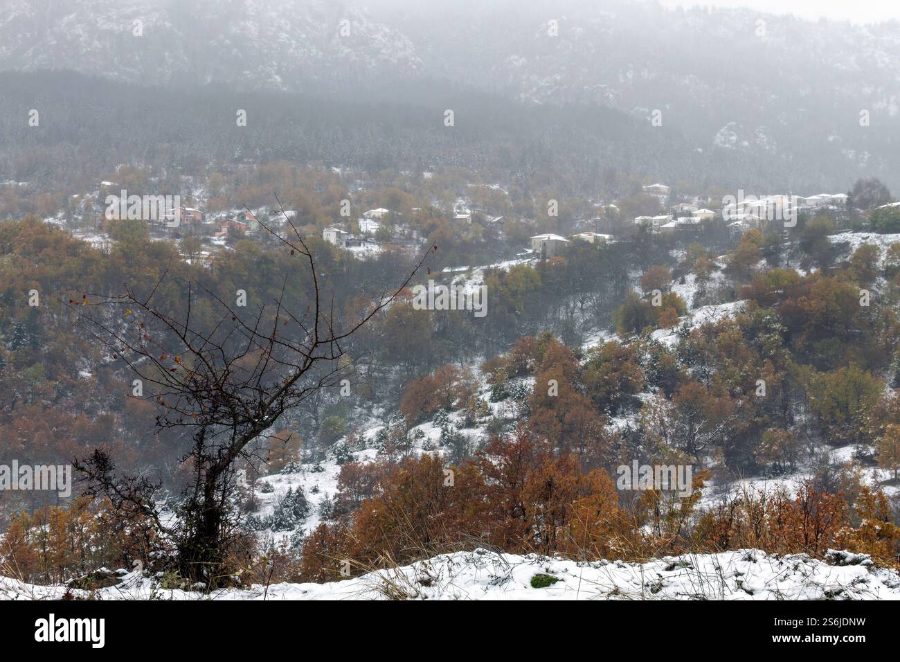 Colline innevate con alberi sparsi e un villaggio in lontananza, annidato tra i colori autunnali e le montagne nebbiose nella regione di Grevena, Grecia Foto Stock