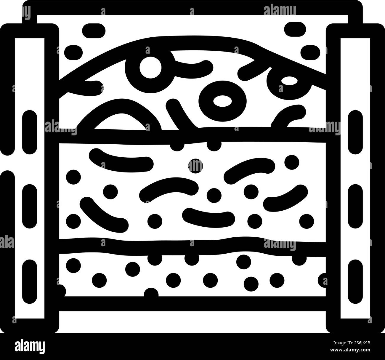 livelli di materiale nel vettore dell'icona della linea di riempimento. strati di materiale nel segno di composter. illustrazione nera del simbolo del contorno isolato. livelli di materiale nell'illustrazione vettoriale dell'icona della linea di calcolo Illustrazione Vettoriale