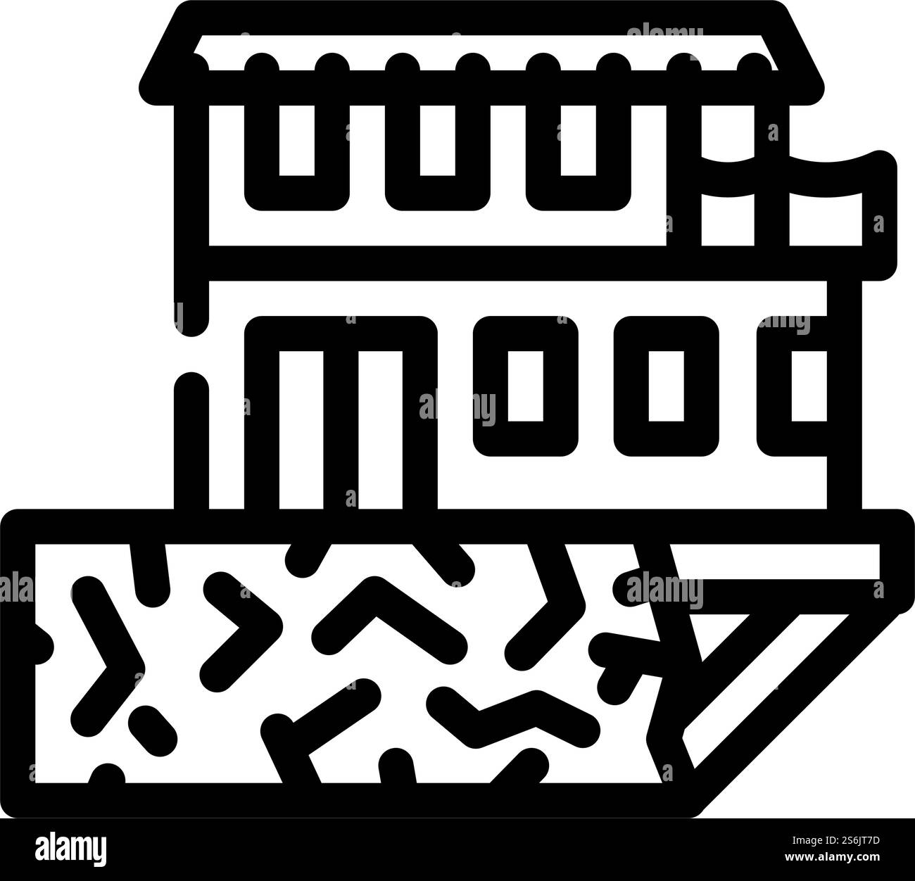 sul bordo del vettore dell'icona della linea della casa del precipizio. sul bordo del cartello della casa del precipizio. illustrazione nera del simbolo del contorno isolato. sul bordo dell'illustrazione vettoriale dell'icona della linea della casa del precipizio Illustrazione Vettoriale