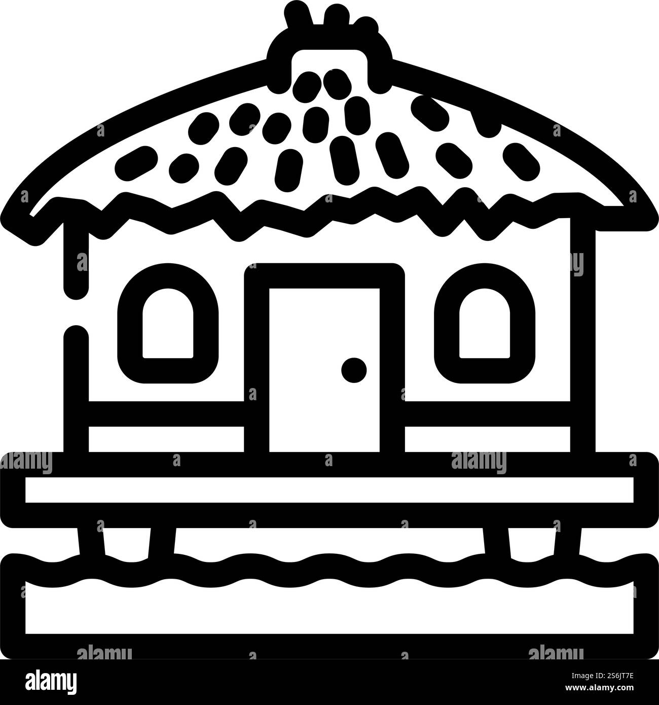 bungalow sulla linea dell'icona della casa sull'acqua. bungalow sull'insegna della casa sull'acqua. illustrazione nera del simbolo del contorno isolato. illustrazione vettoriale con icona bungalow sulla linea della casa sull'acqua Illustrazione Vettoriale