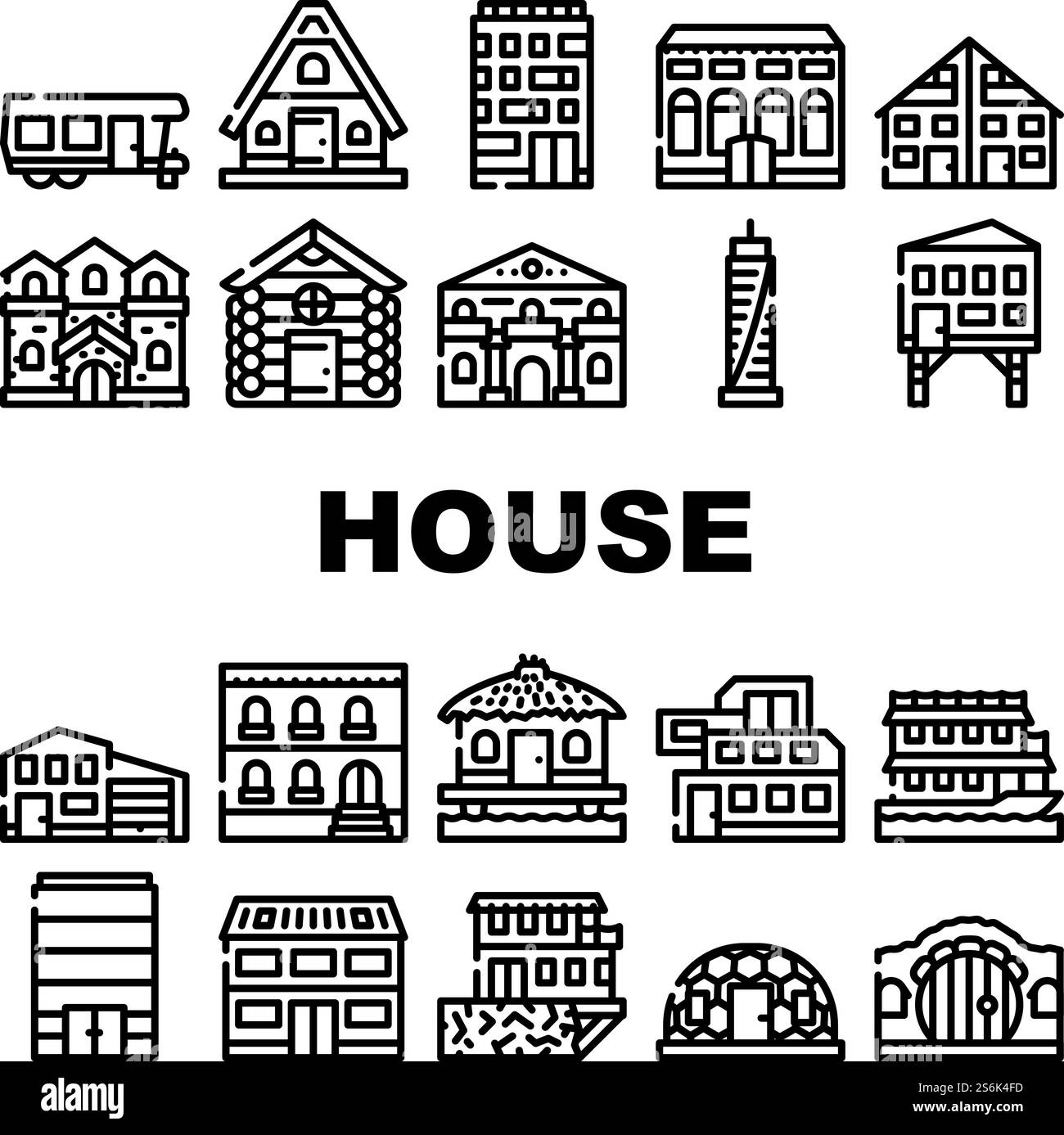 Icone della raccolta immobiliare House Set Vector. Bungalow sull'acqua e Skyscraper edificio per uffici, Cottage e Residence, illustrazioni di contorno della casa moderna e medievale. Icone della raccolta immobiliare House Set Vector Illustrazione Vettoriale