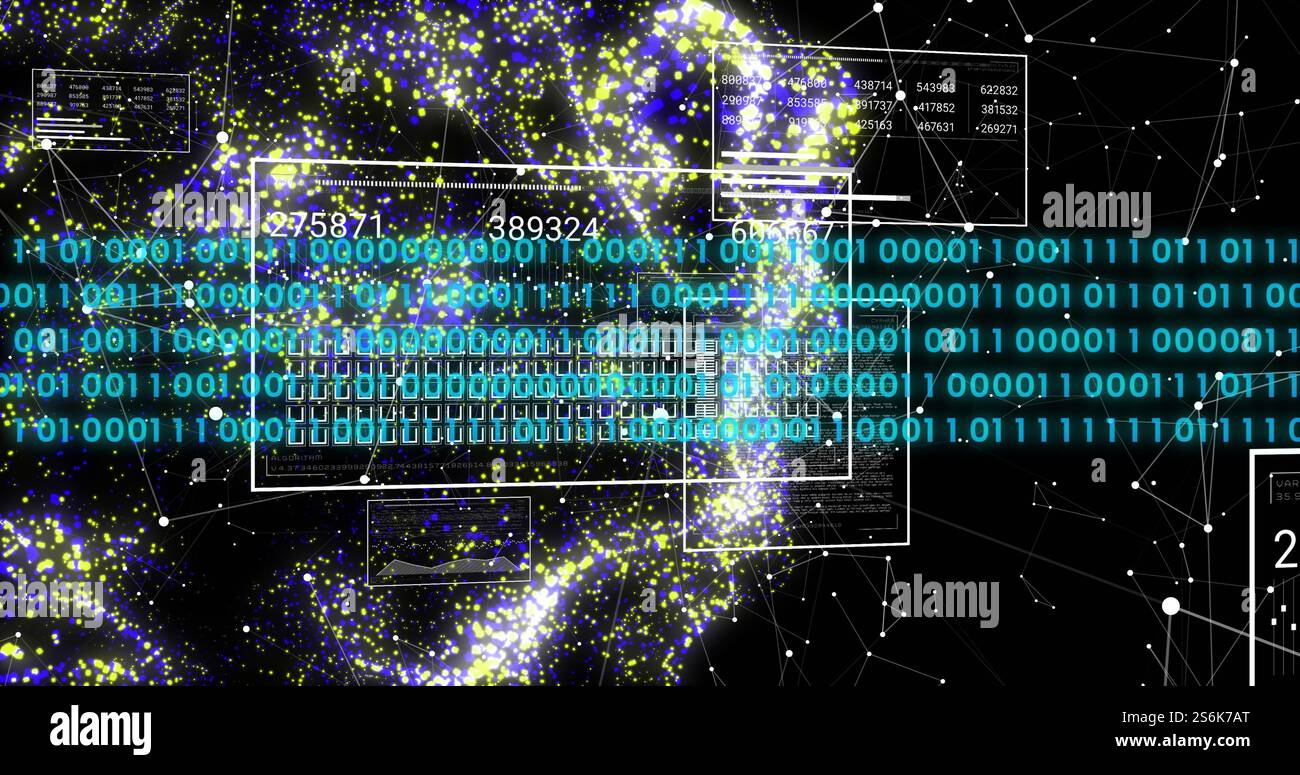 Immagine della codifica binaria per l'elaborazione dei dati digitali su una mesh mobile su sfondo nero Foto Stock