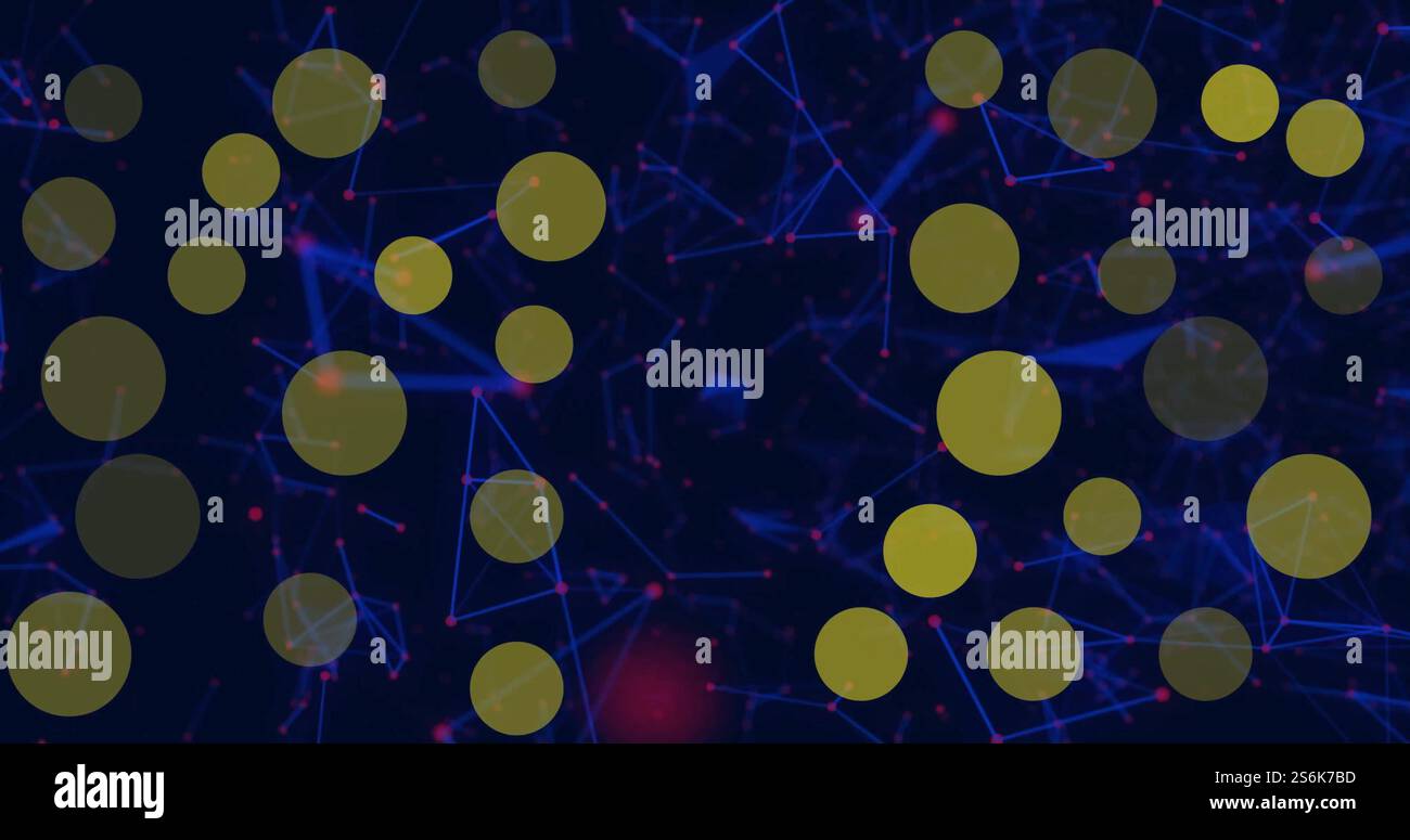 Immagine di macchie gialle sulla rete di connessioni su sfondo nero Foto Stock