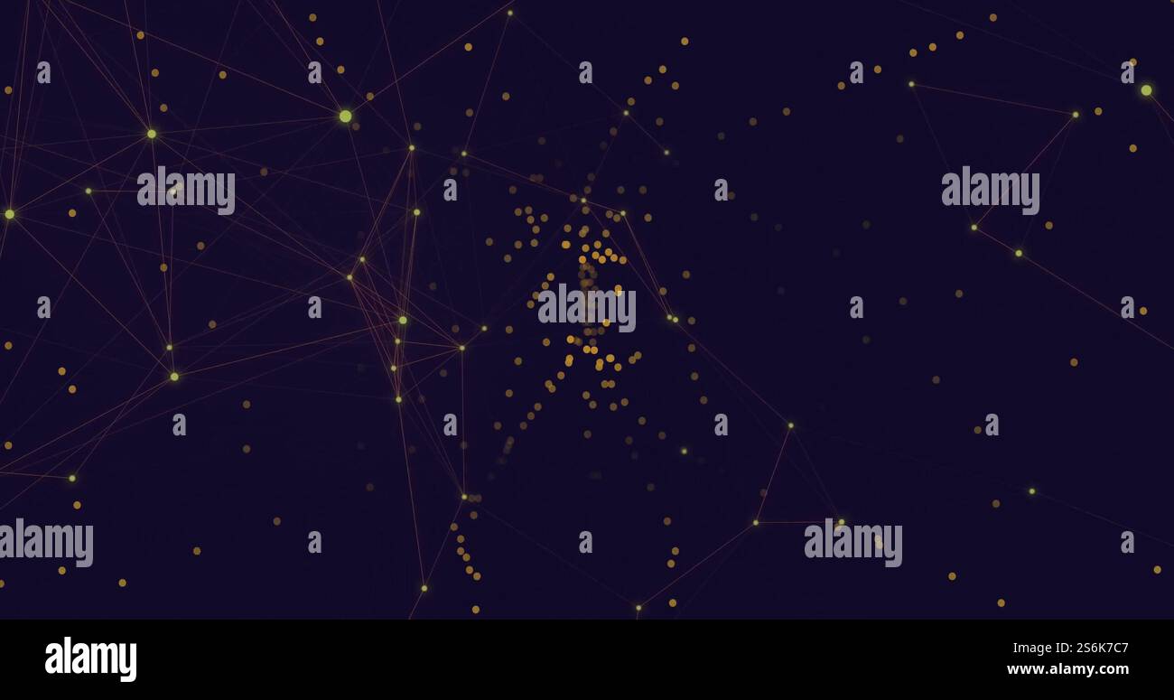 Immagine della rete di connessioni con punti luminosi su sfondo nero Foto Stock