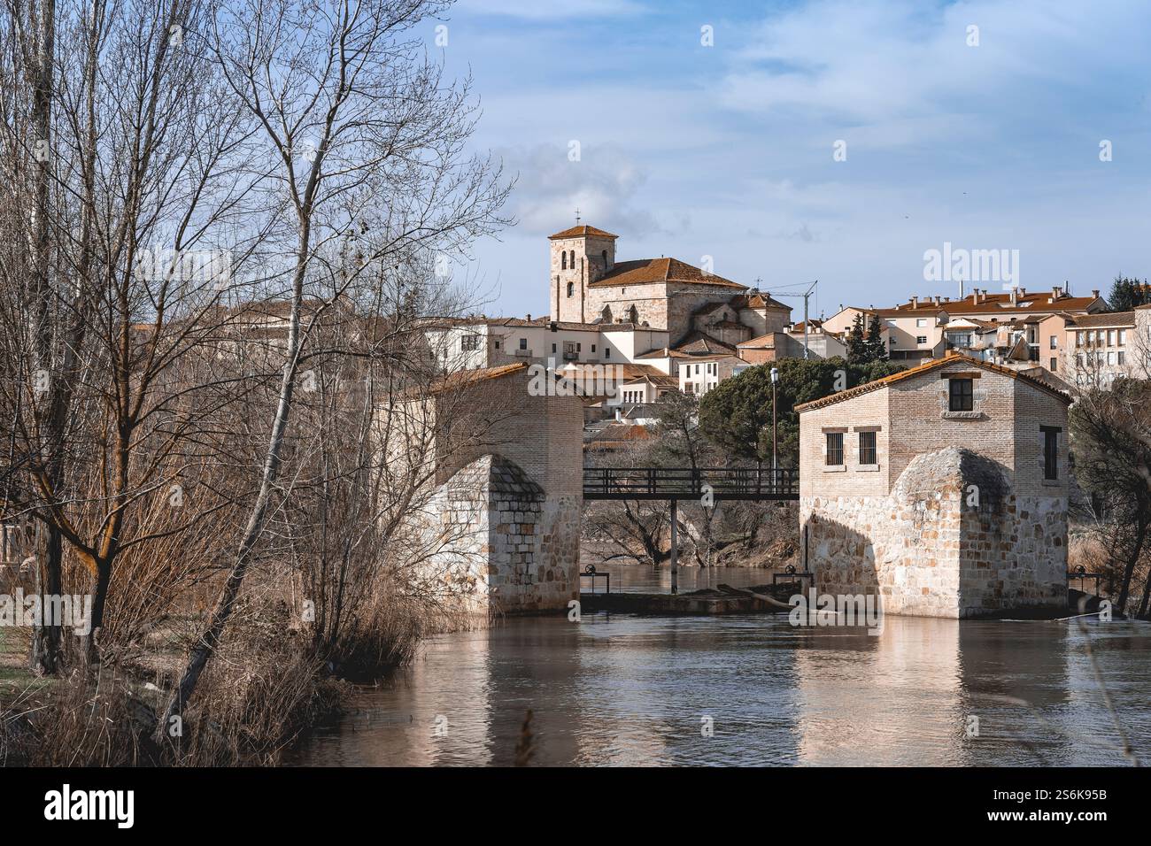 Vista della città di Zamora con il fiume Duero e i mulini ad acqua e la chiesa di San Pedro sullo sfondo. Spagna Foto Stock