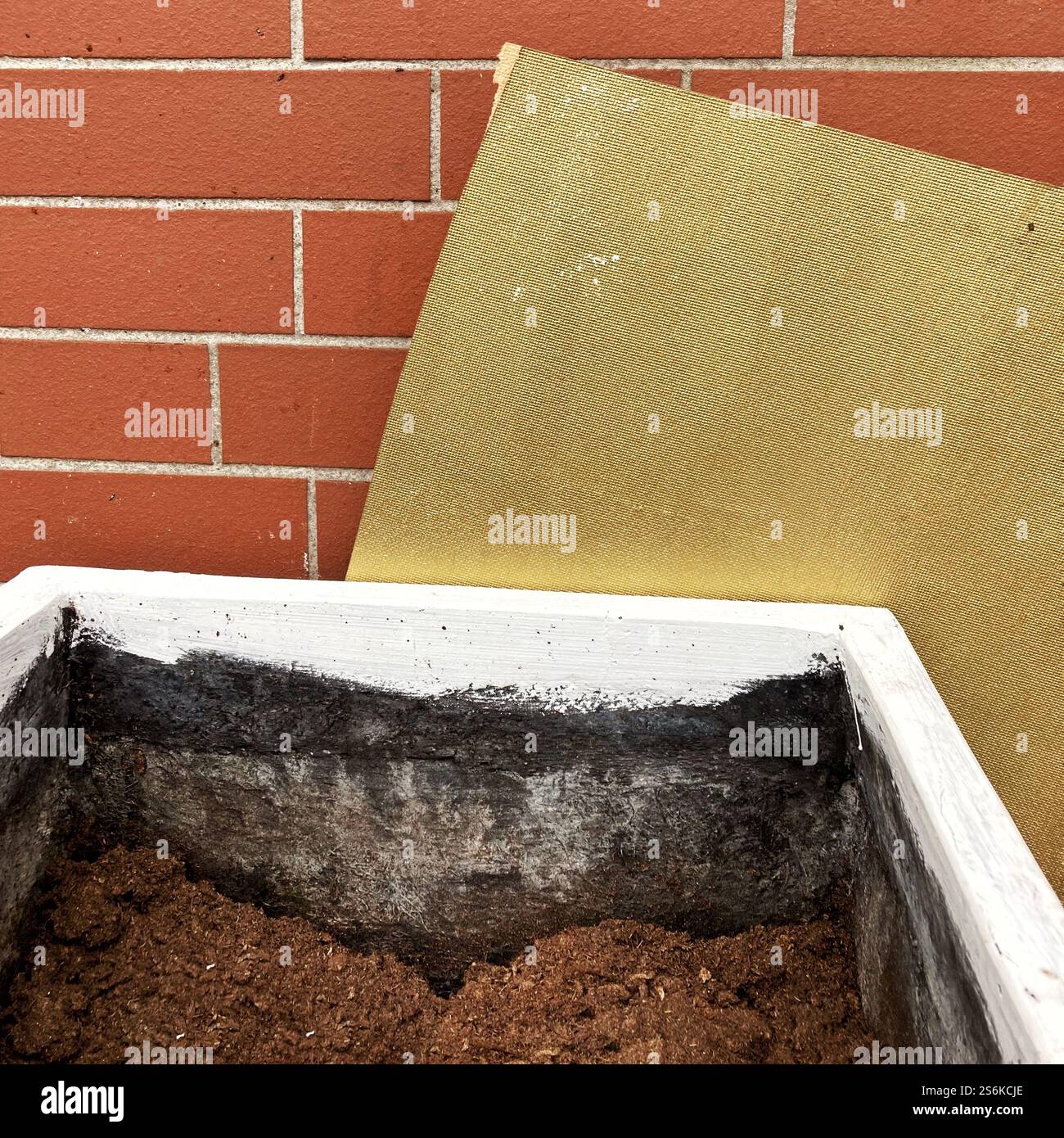 Un contenitore bianco riempito di terreno, posto contro una parete di mattoni con un bordo dorato inclinato, che rappresenta i concetti di giardinaggio o costruzione. - Immagine stock catturata con smartphone