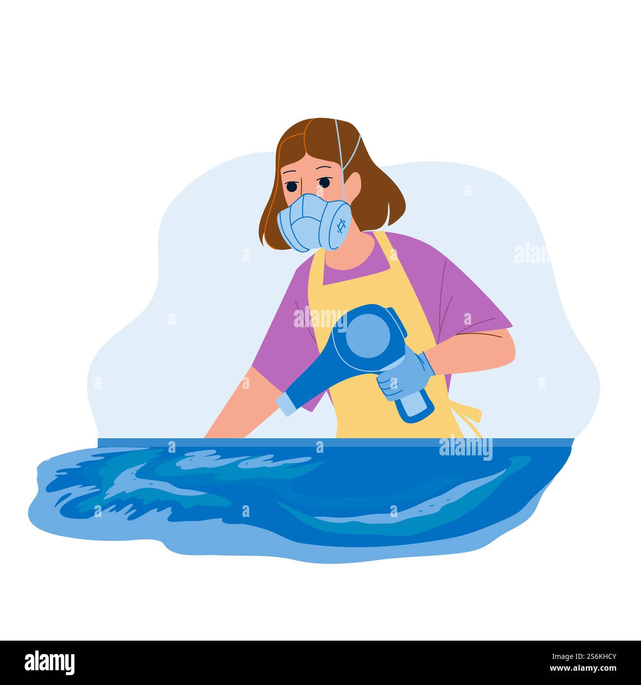 Artista donna che produce arte in resina con fan Vector. Girl Master crea immagini creative con materiale in resina epossidica e dispositivo elettrico. Illustrazione di un cartone animato a forma piatta Character Lady Handcraft Time. Artista donna che produce arte in resina con fan Vector Illustrazione Vettoriale