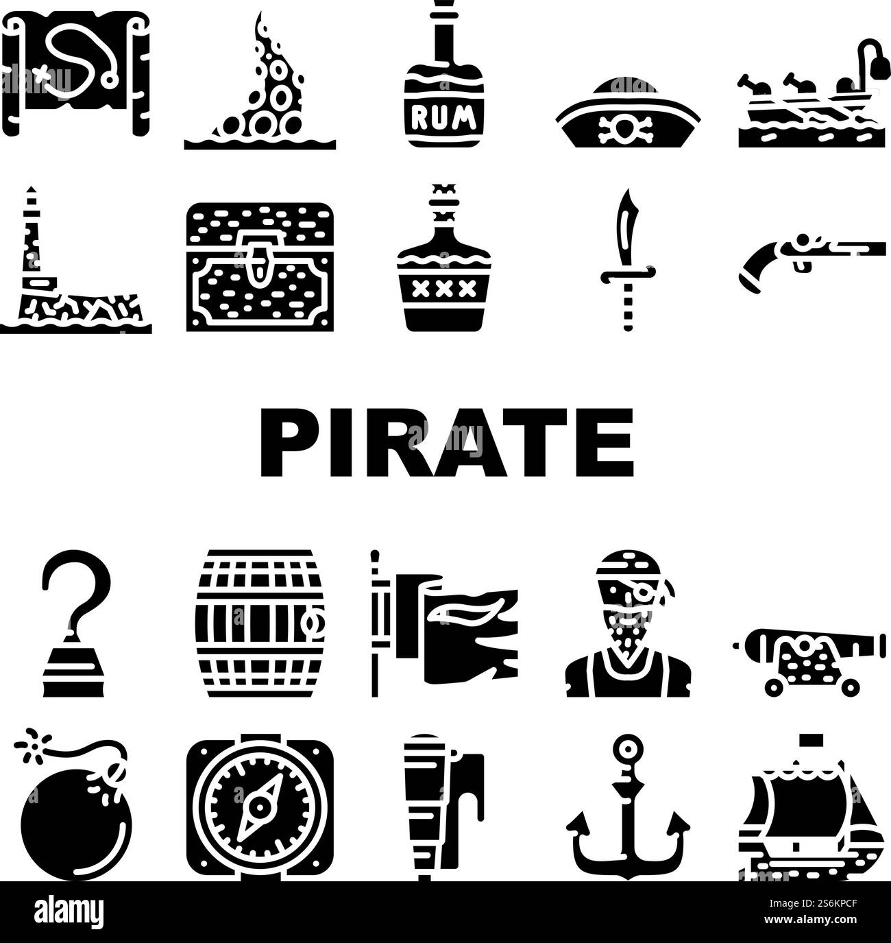 Le icone della raccolta di Sea Robber dei pirati Set Vector. Nave pirata che galleggia nell'oceano e bandiera, cappello e bussola, arma e sciabola, forziere del tesoro e bibita Barrel Glyph pittogrammi illustrazioni nere. Le icone della raccolta di Sea Robber dei pirati Set Vector Illustrazione Vettoriale