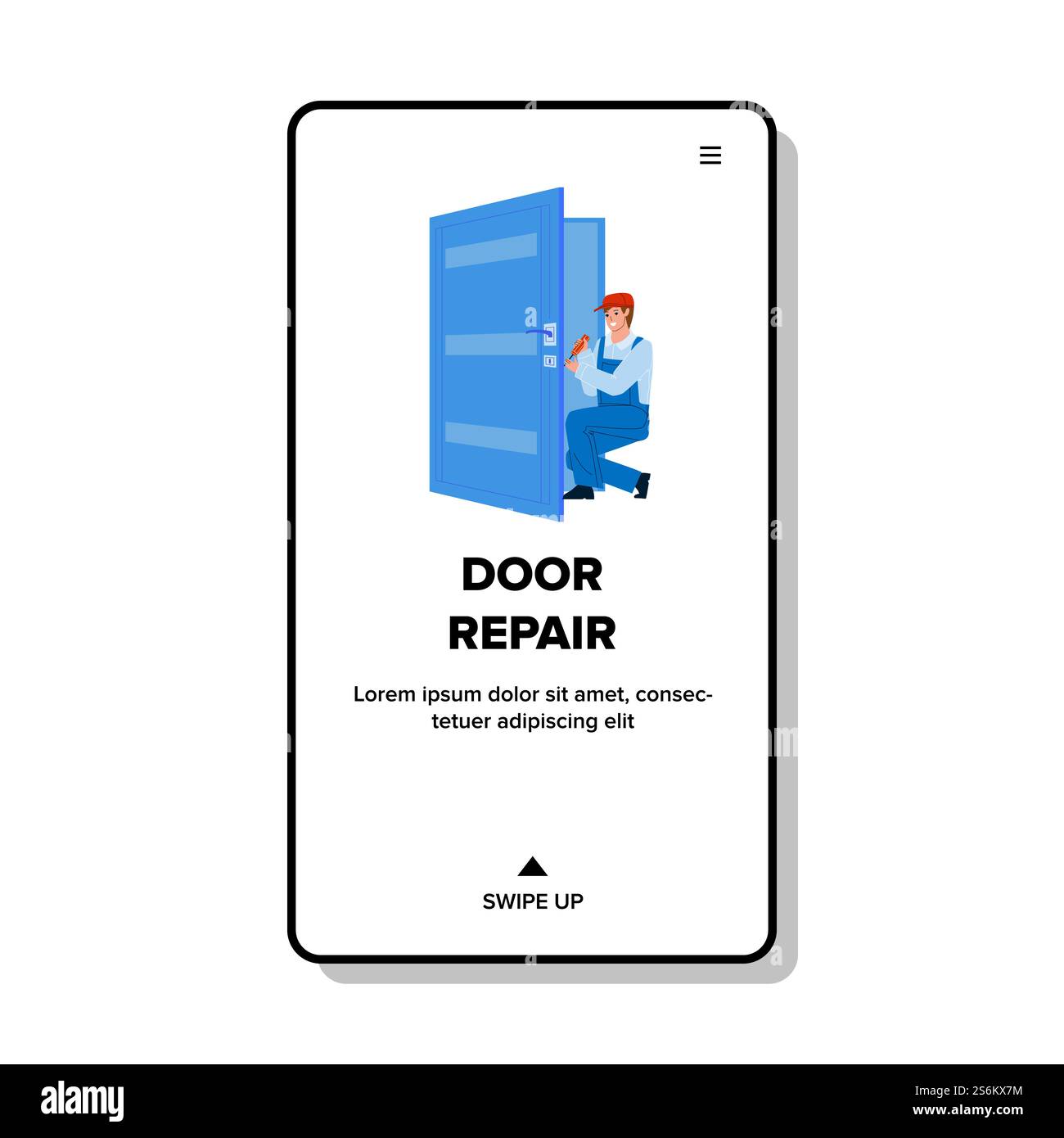 Addetto al servizio di riparazione delle portiere Fix Construction Vector. Riparazione porte da parte del personale con strumento professionale. Illustrazione Cartoon piano Web riparazione carattere manutenzione occupazione. Addetto al servizio di riparazione delle portiere Fix Construction Vector Illustrazione Vettoriale