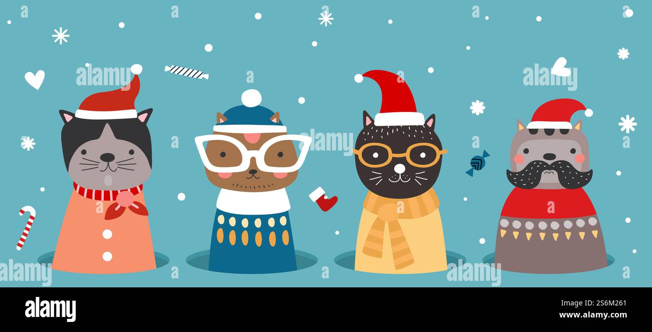 Gatti di Natale in buca. Gattino in abiti invernali, cappello di babbo natale e sciarpe. Banner cartoni animati per il nuovo anno natalizio con carine caramelle fiocchi di neve. Illustrazione vettoriale della stagione degli animali piatti. Gatti di Natale in buca. Gattino in abiti invernali, cappello di babbo natale e sciarpe. Banner cartoni animati per il nuovo anno natalizio con carine caramelle fiocchi di neve Illustrazione Vettoriale Gatti di Natale in buca. Gattino in abiti invernali, cappello di babbo natale e sciarpe. Banner cartoni animati per il nuovo anno natalizio con carine caramelle fiocchi di neve. Illustrazione vettoriale della stagione degli animali piatti. Gatti di Natale in buca. Gattino in abiti invernali, cappello di babbo natale e sciarpe. Banner cartoni animati per il nuovo anno natalizio con carine caramelle fiocchi di neve Illustrazione Vettoriale