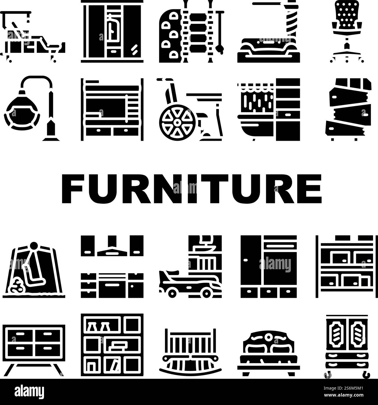 Set di icone interne della camera di arredamento Vector. Arredi vintage e moderni, per attività sportive e relax, letto e sedia da ufficio, scaffali del magazzino pittogrammi glifi illustrazioni nere. Set di icone interne della camera di arredamento Vector Illustrazione Vettoriale