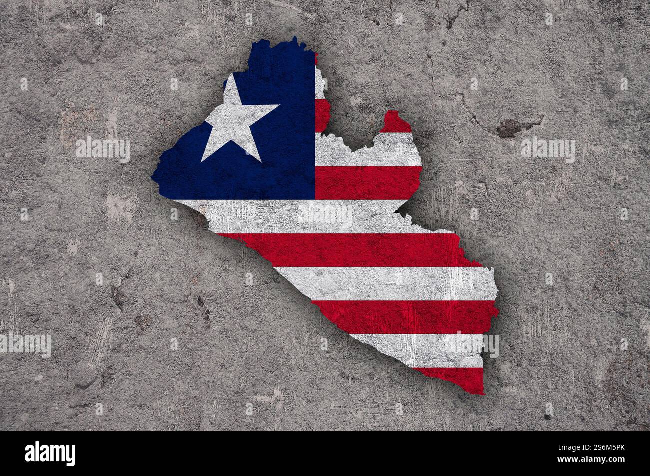 Mappa e bandiera della Liberia su cemento intemperie Foto Stock