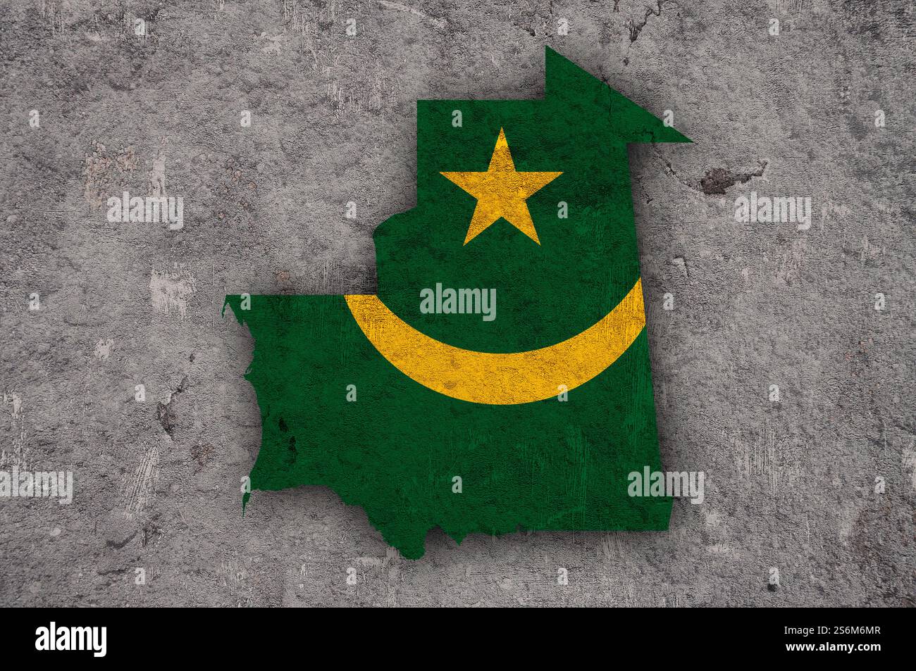 Mappa e bandiera della Mauritania su cemento intemperie Foto Stock