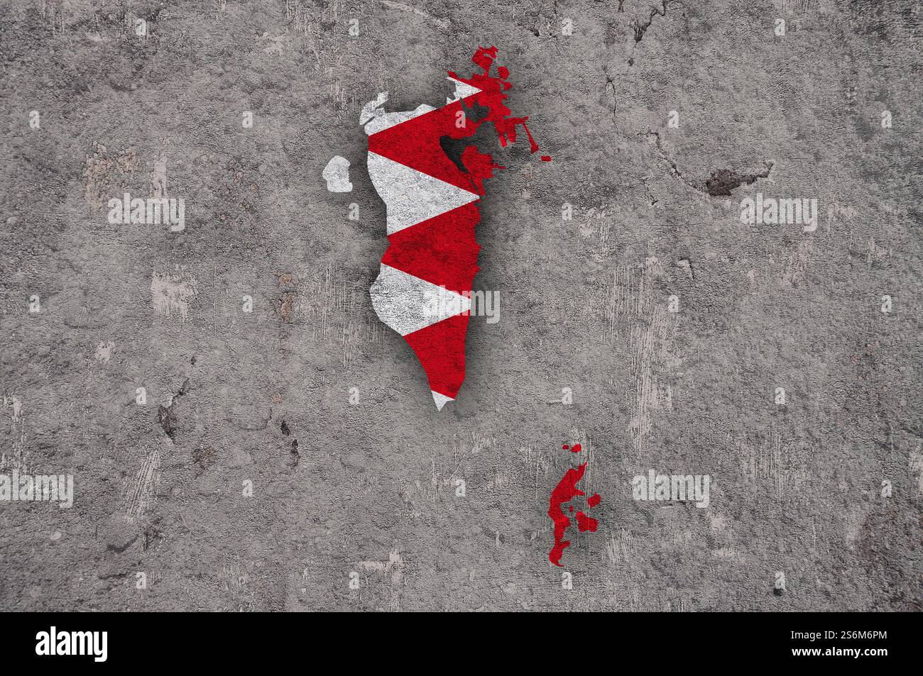Mappa e bandiera del Bahrein su cemento intemperie Foto Stock