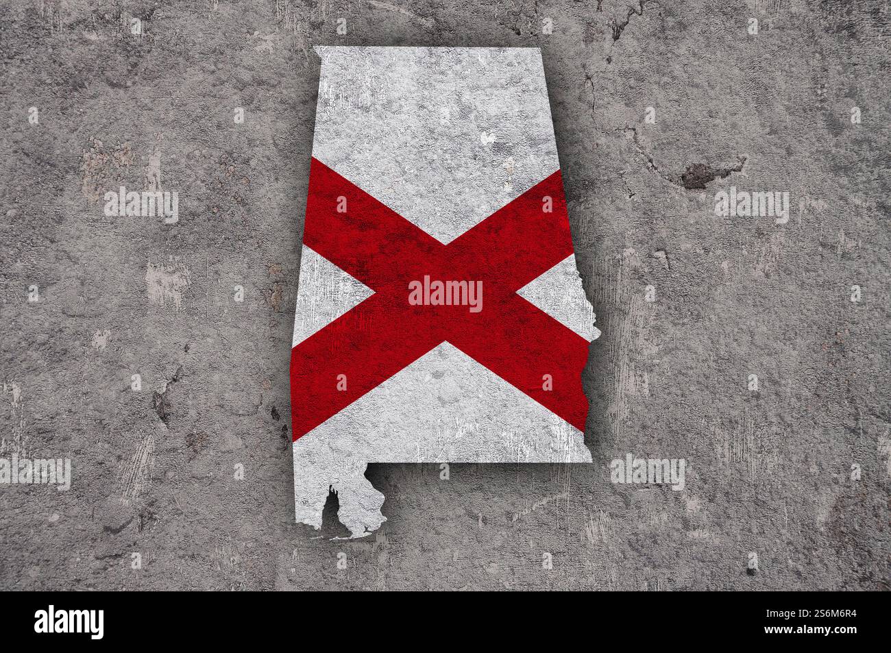 Mappa e bandiera dell'Alabama su cemento intemperato Foto Stock