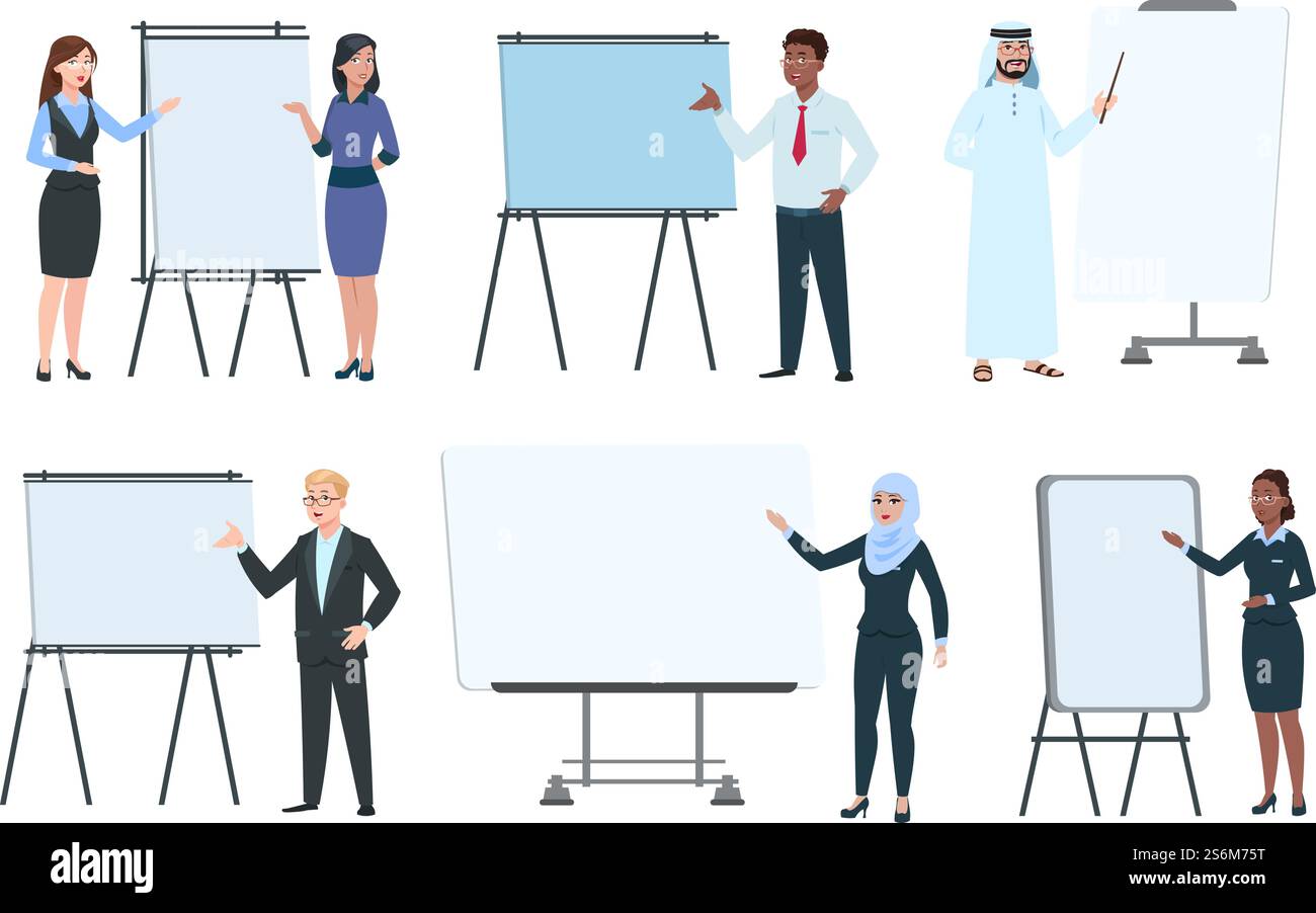 Persone e tavole di presentazione. Coaching dei dirigenti, formatori o relatori. Insegnanti in lezione. Uomo d'affari isolato donna vicino a schermo interattivo, illustrazione del vettoriale di promozione del direttore d'ufficio. Persone e tavole di presentazione. Coaching dei dirigenti, formatori o relatori. Insegnanti in lezione. Donna d'affari isolata vicino allo schermo interattivo Illustrazione Vettoriale