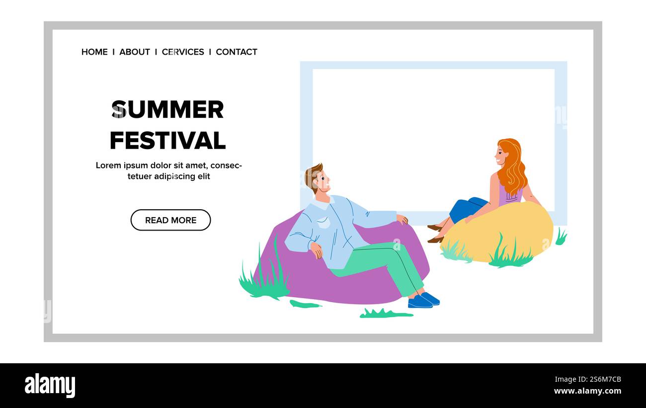 Festival estivo che fa riposare i visitatori gente Vector. Giovane uomo e donna seduti su una comoda poltrona morbida e godendosi il Festival estivo insieme. Illustrazione dei caratteri Web Flat Cartoon. Festival estivo che fa riposare i visitatori gente Vector Illustrazione Vettoriale