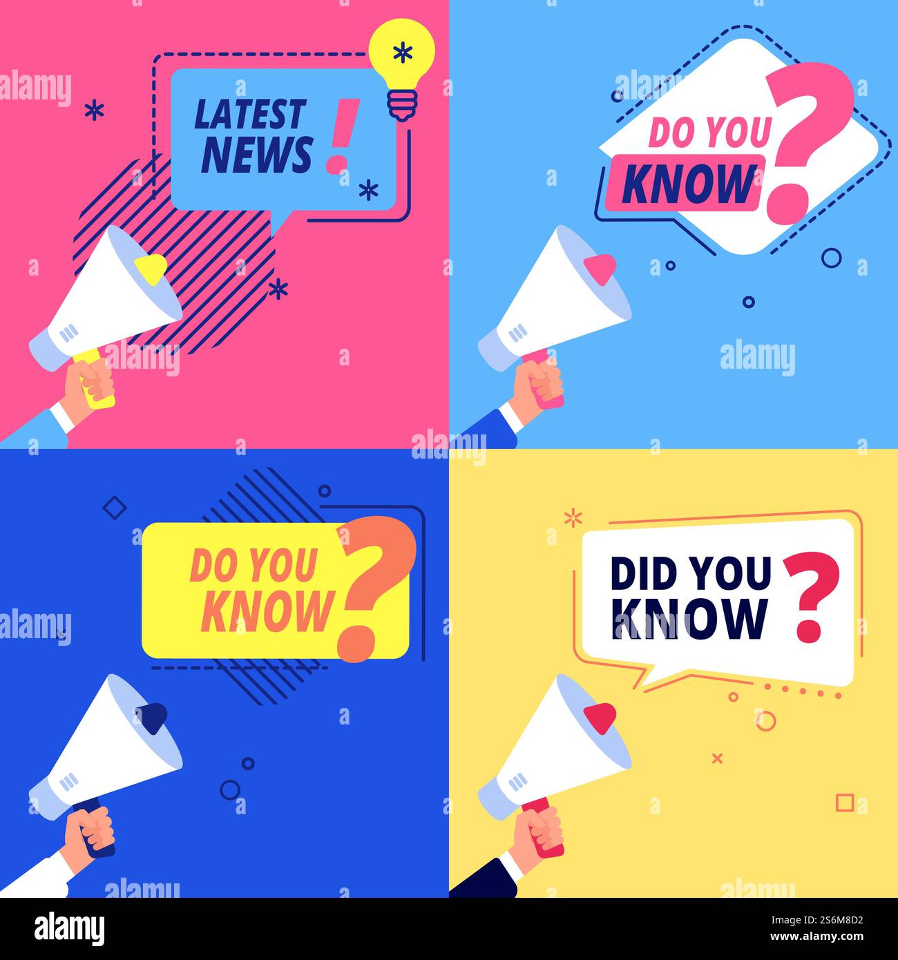 Ultime notizie, sapevi che i banner? Opuscoli promozionali e pubblicitari a mano con set vettoriale megafono. Cartello informativo, banner isolato con illustrazione del messaggio. Ultime notizie, sapevi che i banner? Opuscoli promozionali e pubblicitari a mano con set vettoriale megafono Illustrazione Vettoriale