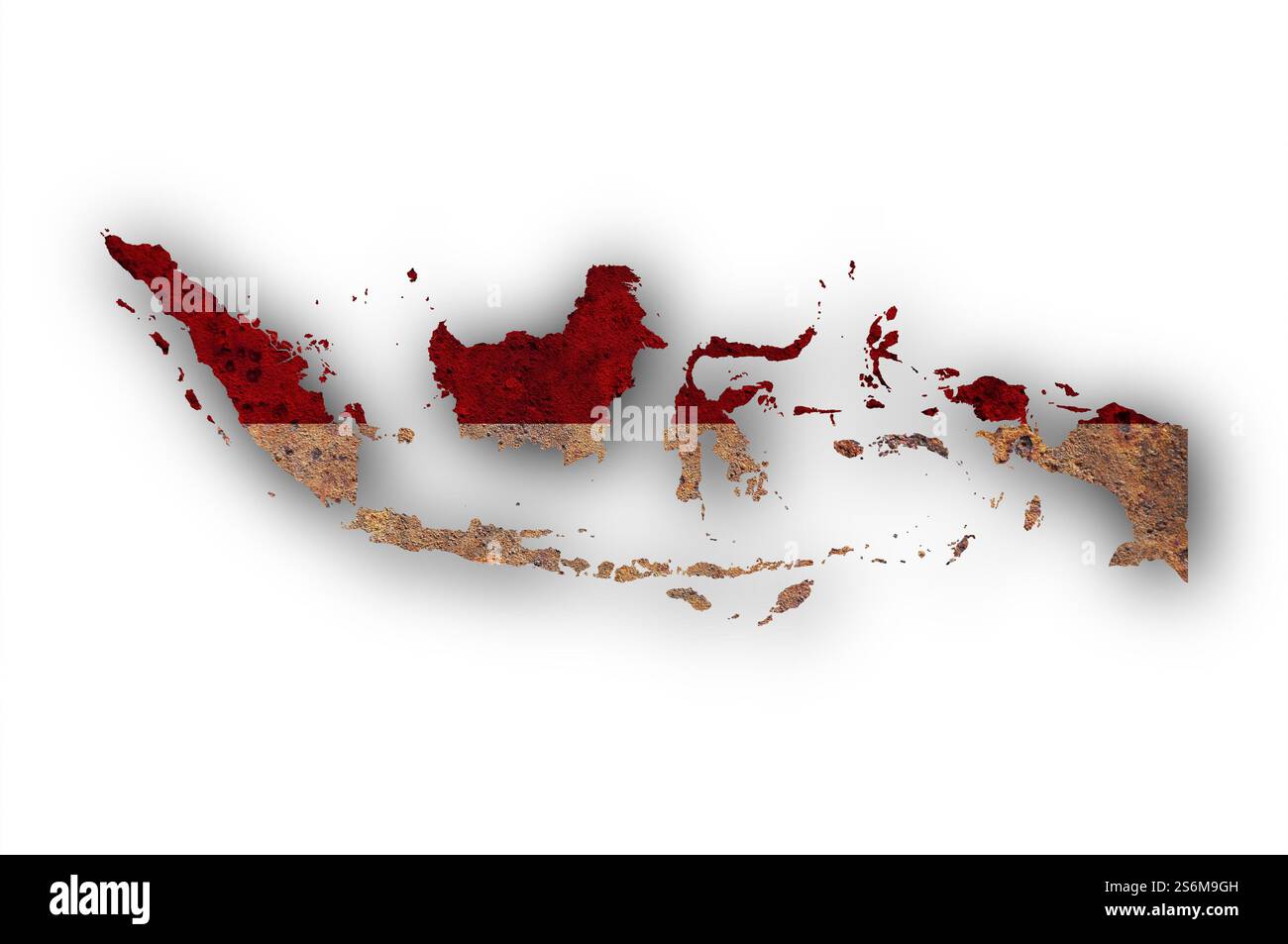 Mappa e bandiera dell' Indonesia sul metallo arrugginito Foto Stock