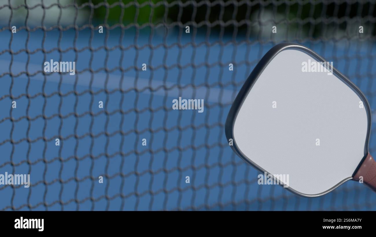 Una pagaia si trova vicino a una rete, pronta per una partita di picchetto in una giornata di sole. rendering 3d. Foto Stock