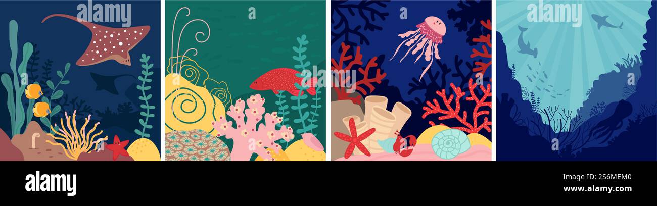 Sfondo del mondo marino. Vita subacquea, pesci naturali nell'acquario. Paesaggio nautico con conchiglie di cartoni animati, natura oceanica decente, set vettoriale. Illustrazione acquario subacqueo, marino con pesci. Sfondo del mondo marino. Vita subacquea, pesci naturali nell'acquario. Paesaggio nautico con conchiglie di cartoni animati, natura oceanica decente, set vettoriale Illustrazione Vettoriale