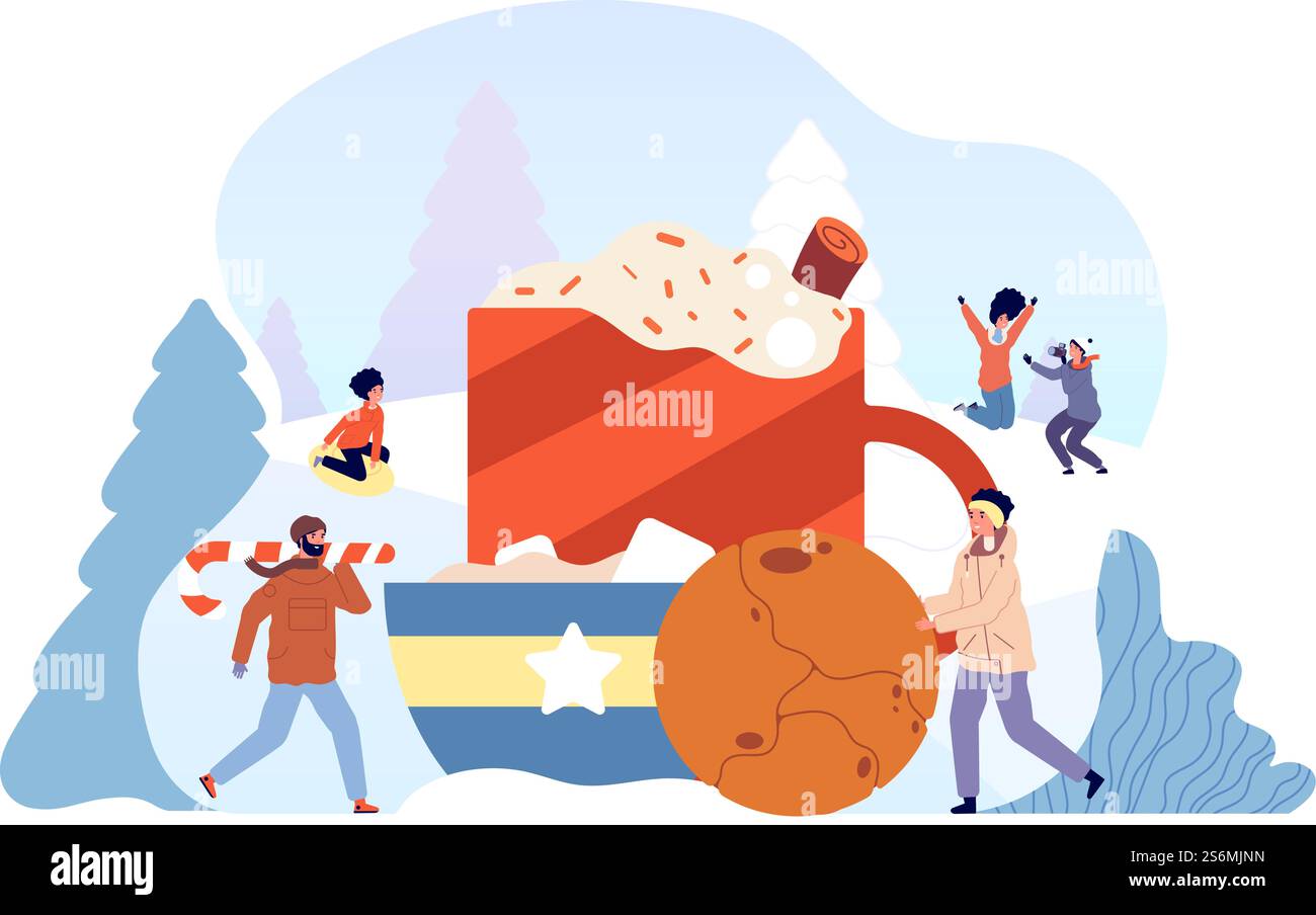 Bevanda calda invernale. Gli amici preparano una bevanda al cioccolato, un biscotto di caramelle a base di cibo natalizio. Vacanze in famiglia, tazza di cacao su strada innevata illustrazione vettoriale. Tazza calda di cacao, bevanda invernale a base di caffè. Bevanda calda invernale. Gli amici preparano una bevanda al cioccolato, un biscotto di caramelle a base di cibo natalizio. Vacanze in famiglia, tazza di cacao su strada innevata illustrazione vettoriale Illustrazione Vettoriale