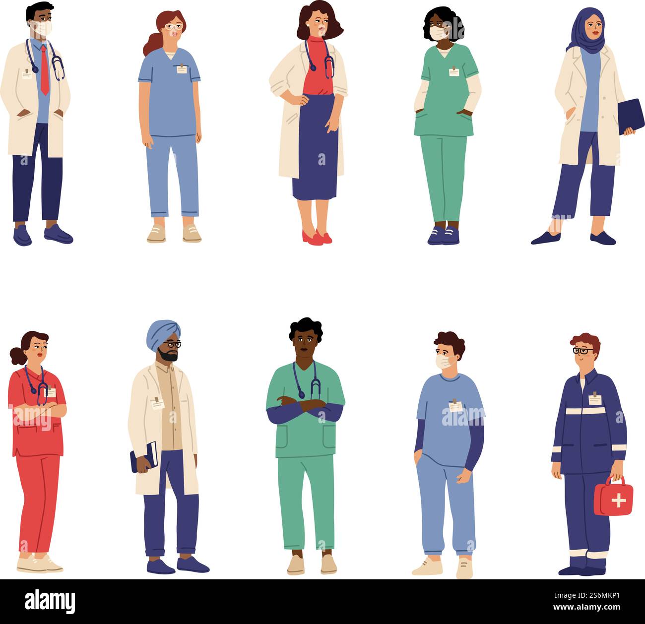 Caratteri medico-infermiere. Operatori sanitari, persone ospedaliere isolate. Chirurgo paramedico maschile, gruppo vettoriale di squadra di assistenza sanitaria. Illustrazione medico professionale personale ospedaliero. Caratteri medico-infermiere. Operatori sanitari, persone ospedaliere isolate. Chirurgo paramedico maschile, gruppo vettoriale di squadra di assistenza sanitaria Illustrazione Vettoriale