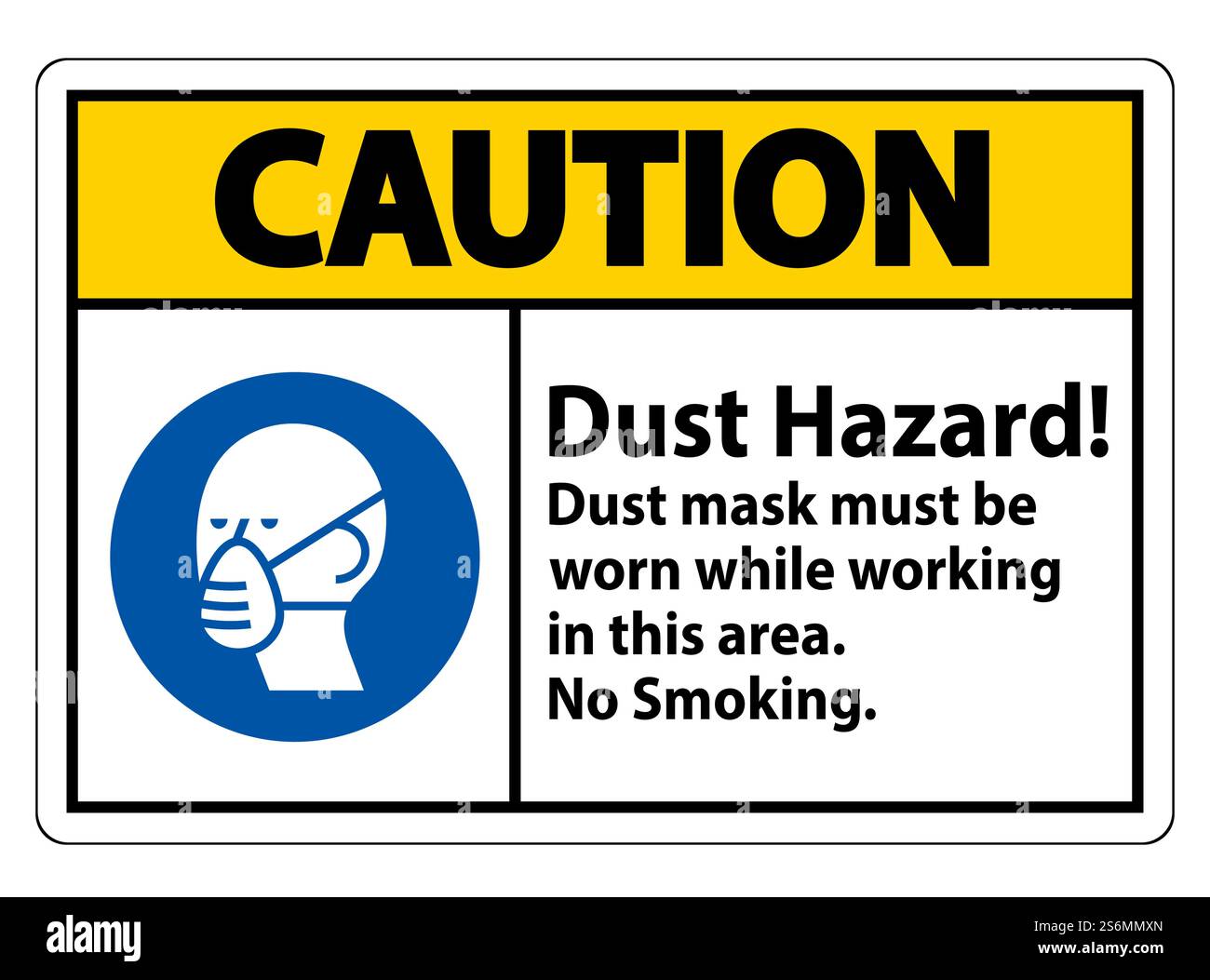 Attenzione: Cartello per non fumare pericolo di polvere la maschera deve essere indossata durante il lavoro in quest'area Illustrazione Vettoriale