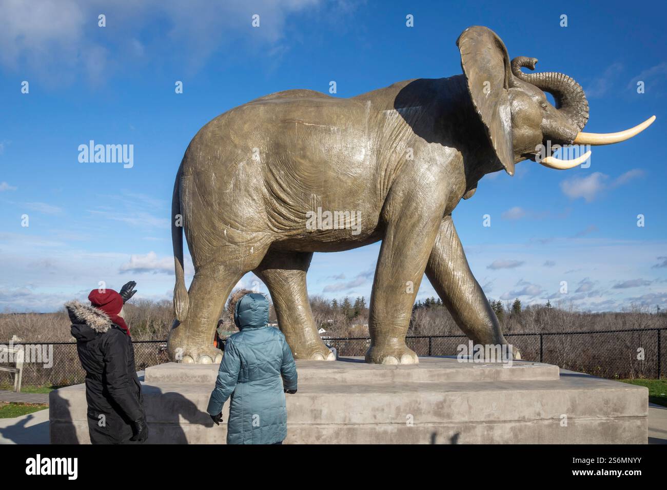 St. Thomas, Ontario, Canada - il Jumbo The Elephant Monument. Jumbo era un famoso elefante da circo che fu ucciso quando fu investito da un treno a St. Tho Foto Stock