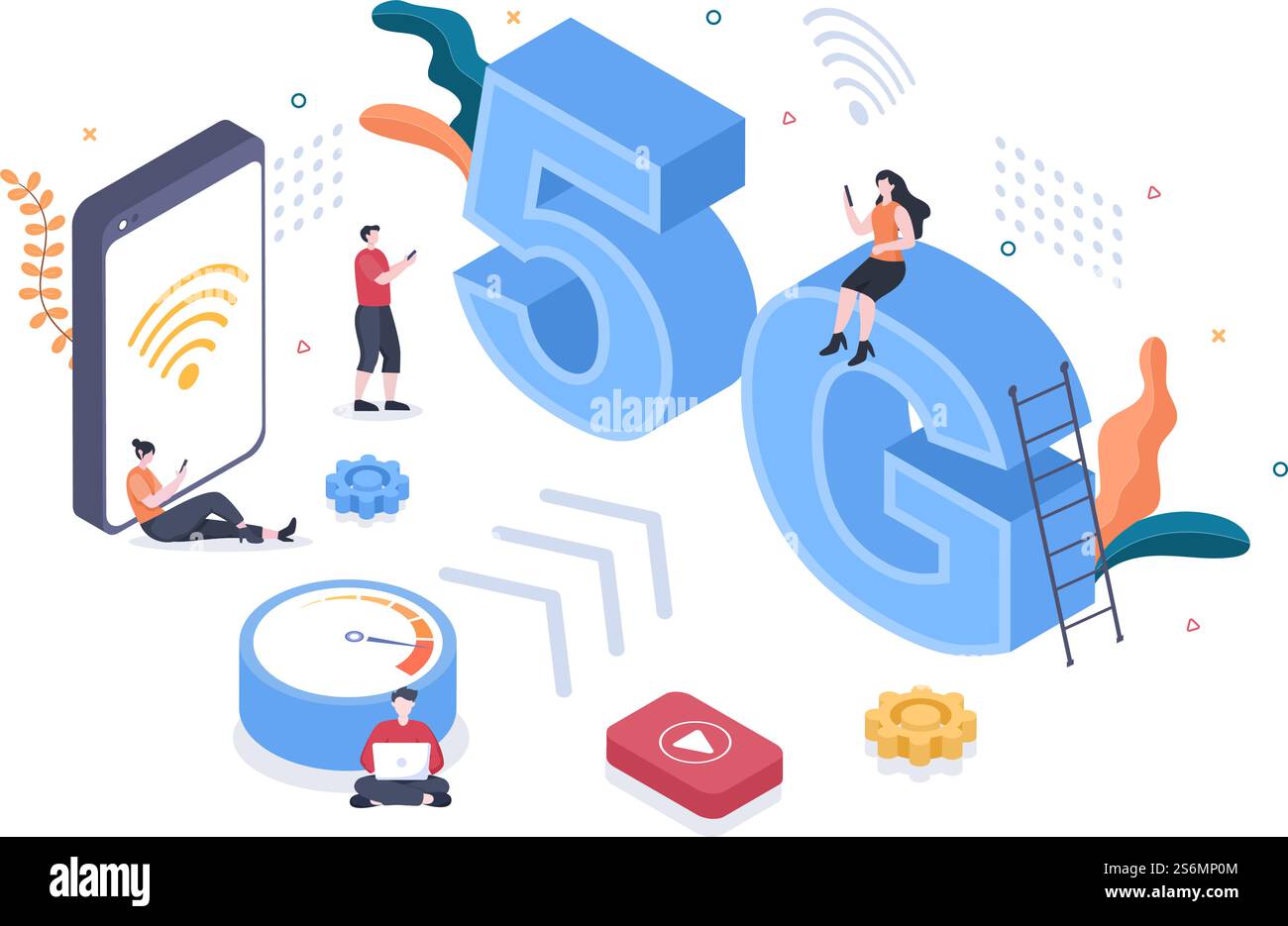 Smartphone con tecnologia wireless di rete 5G con torre trasmettitore per configurare Internet mobile ad alta velocità per comunicazioni e gadget. Illustrazione del vettore di sfondo Illustrazione Vettoriale