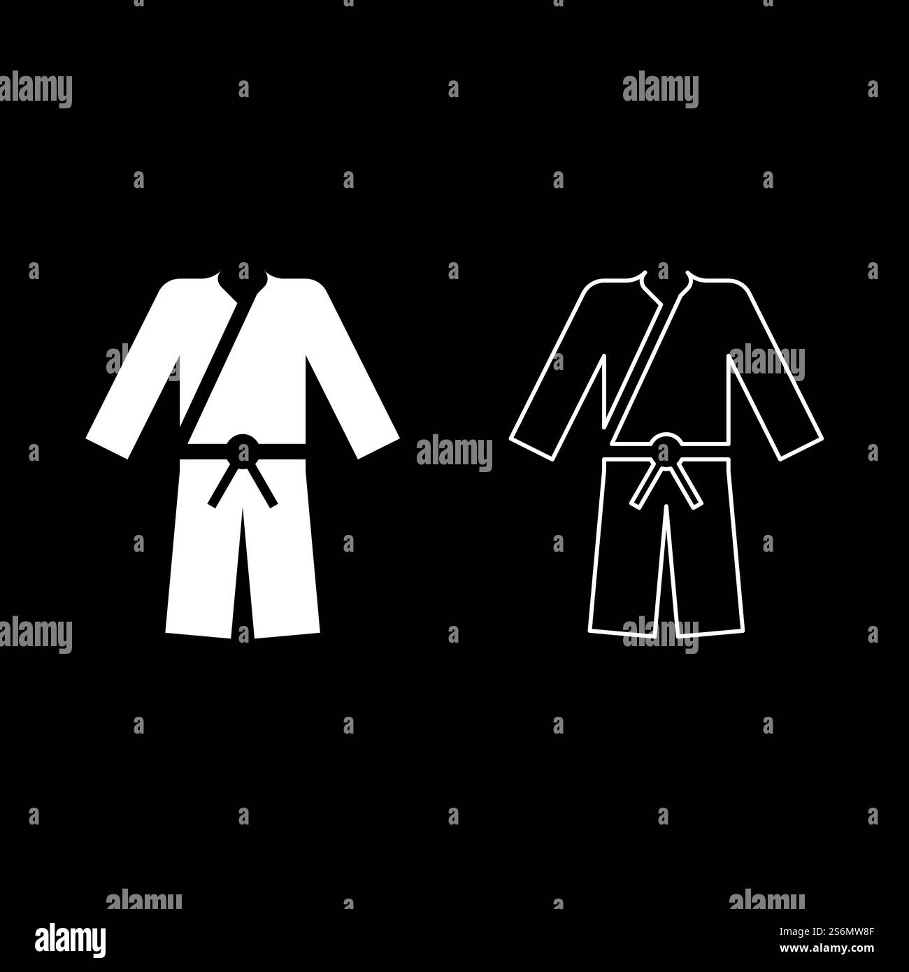 Sport Kimono giapponese Wear icon colore bianco illustrazione vettoriale stile piatto semplice set di immagini. Kimono sportivo, icona di abbigliamento giapponese, illustrazione vettoriale di colore bianco, set di immagini in stile piatto Illustrazione Vettoriale