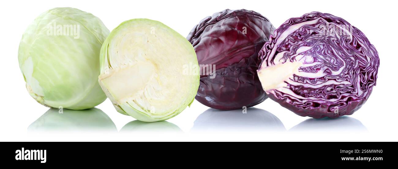 Cavolo bianco cavolo bianco cavolo bianco cavolo blu cavolo rosso cavolo cavolo tagliato verdure tagliate tagliate ritagliate isolate davanti a uno sfondo bianco Foto Stock