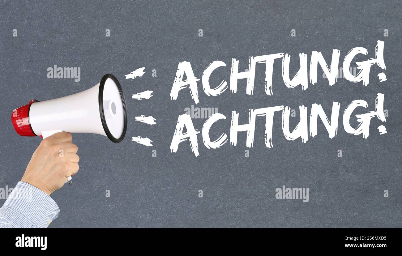Attenzione avviso avviso avviso informazioni attenzione informazioni informazioni informazioni concetto mano con megafono Foto Stock