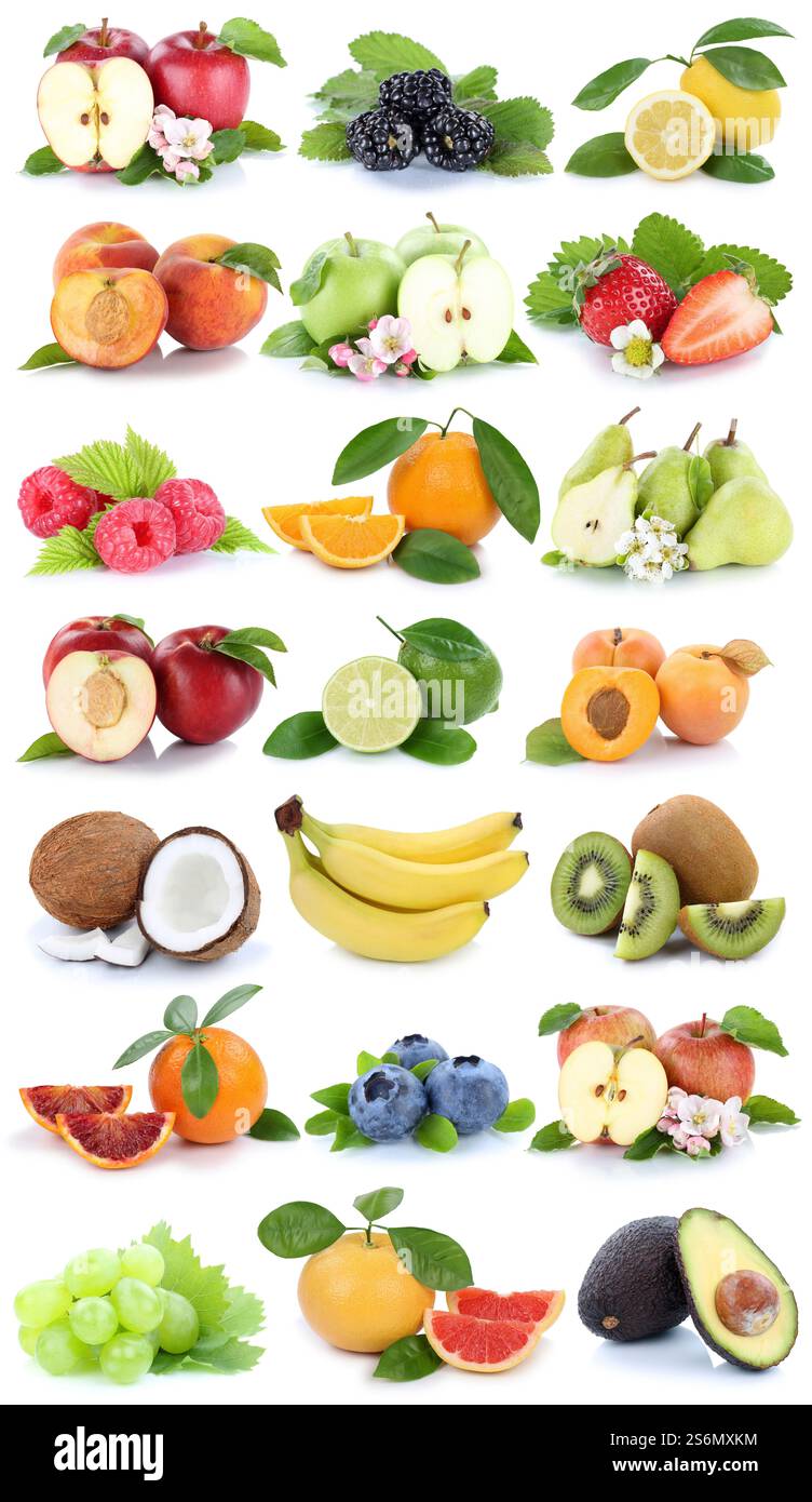 frutta mela arancia bacche banana arance fragola pera uva collage di frutta fresca tagliato isolato su sfondo bianco Foto Stock