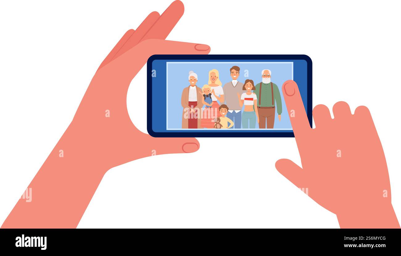 Foto di famiglia. Mani che tengono lo smartphone con l'immagine delle persone. Illustrazione vettoriale selfie. Selfie di famiglia, sorridere madre padre, fotografare foto. Foto di famiglia. Mani che tengono lo smartphone con l'immagine delle persone. Illustrazione vettoriale selfie Illustrazione Vettoriale