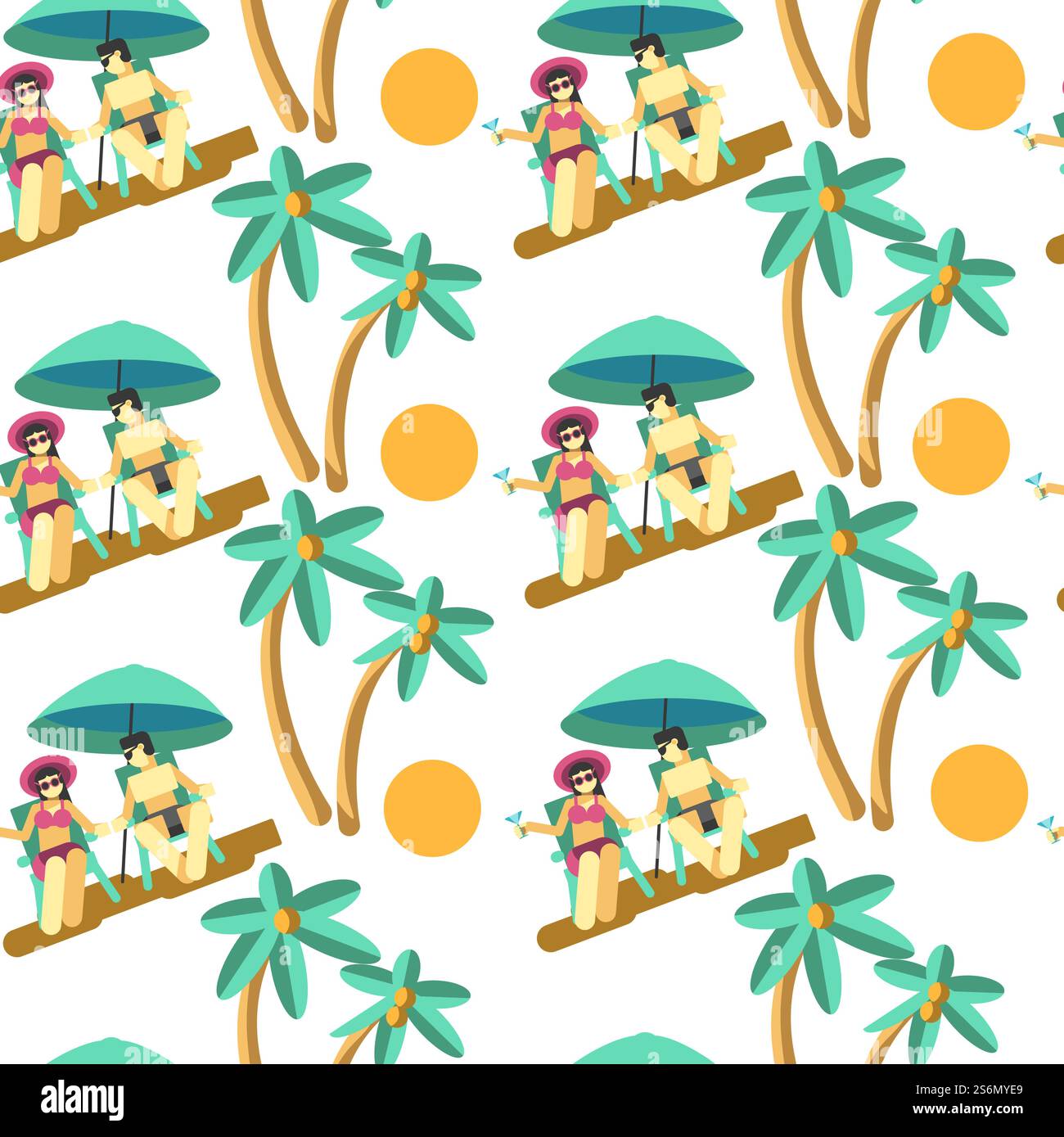 Fidanzato e fidanzata che si rilassano all'ombra di un ombrello, motivo senza cuciture di palme. Uomo e donna bevono cocktail durante le vacanze estive, vacanze di uomini e donne, vettoriali in stile piatto. Uomo e donna in vacanza estiva con motivo senza cuciture al mare Illustrazione Vettoriale