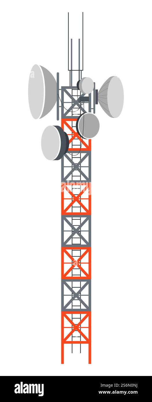 Stazione cellulare per Internet, dispositivi mobili e radio, segnali televisivi. Torre isolata che riceve onde, telecomunicazioni e trasmissioni, telecomunicazioni. Radar per la trasmissione, vettore in stile piatto. Torretta di trasmissione, centrale elettrica o vettore del ricevitore del segnale Illustrazione Vettoriale