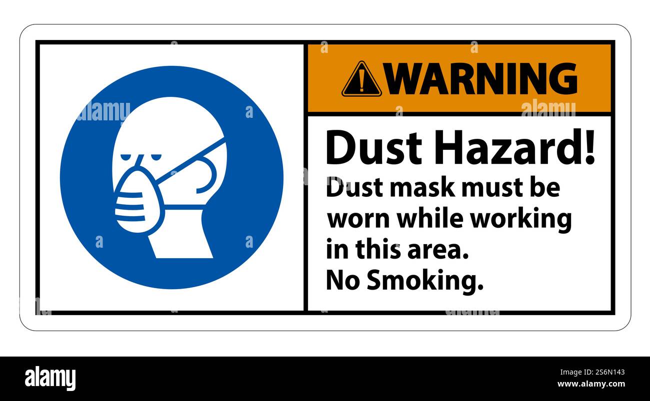 Avvertenza segnale di divieto di fumo pericolo di polvere la maschera di polvere deve essere indossata durante il lavoro in quest'area Illustrazione Vettoriale