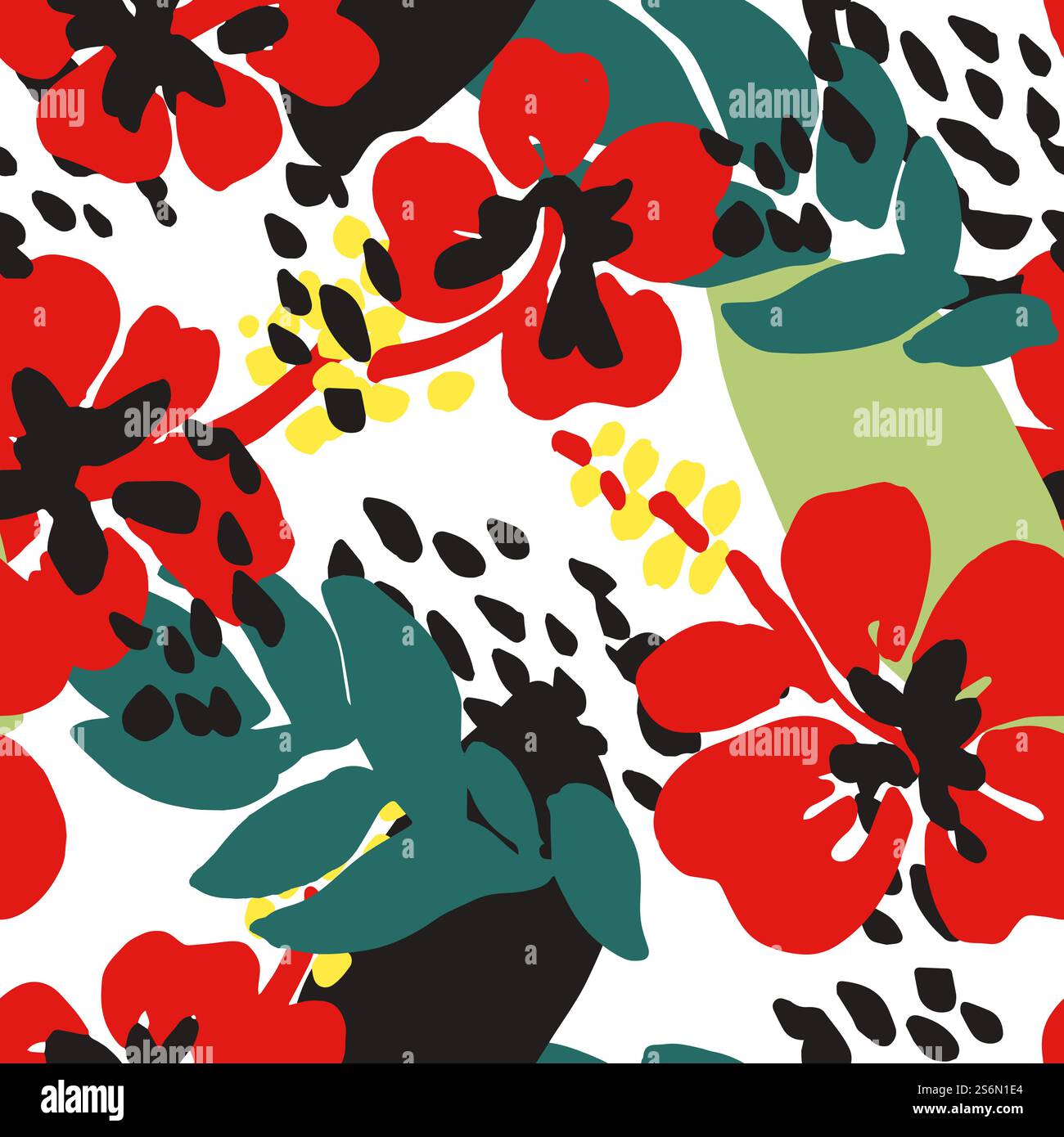 Fiori di papavero rosso in fiore con vegetazione verde senza cuciture di flora in primavera o in estate. Fioritura botanica ripetuta, fioretto con gemme fiorenti, bouquet stilizzato, vettore in stile piatto. Motivo floreale senza cuciture, papaveri con stampa a foglie verdi Illustrazione Vettoriale