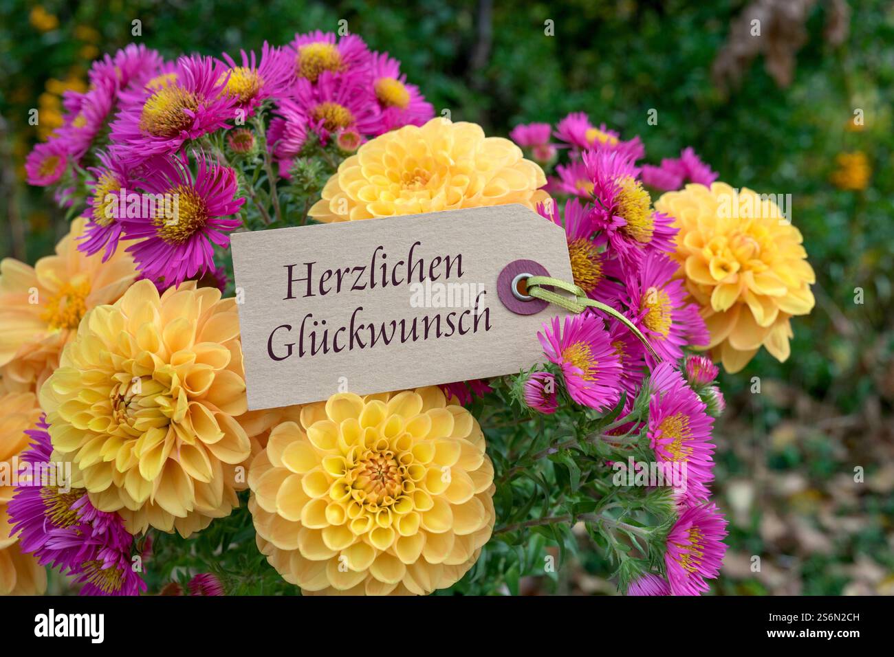 Biglietto d'auguri con mazzo di fiori e testo tedesco: Congratulazioni Foto Stock