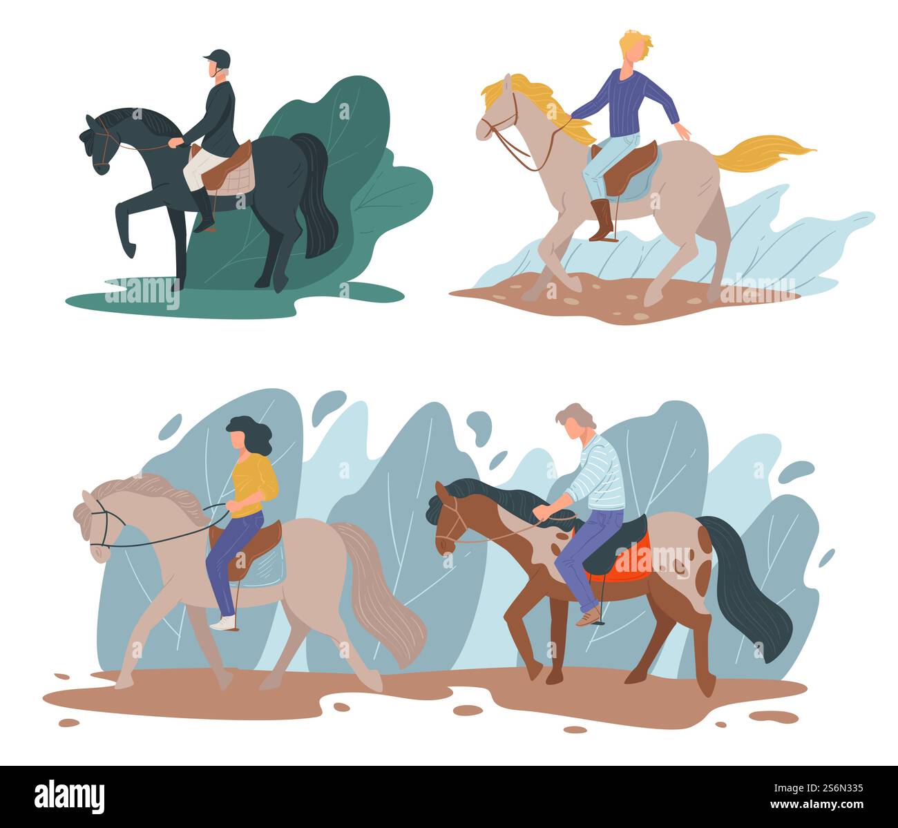 Hobby equino di persone che insegnano e imparano a cavalcare. Fantini professionisti sui cavalli, personaggi delle corse che indossano uniforme speciale con casco protettivo, vettore per il tempo libero in stile piatto. Equitazione, hobby equino di persone vettoriali Illustrazione Vettoriale