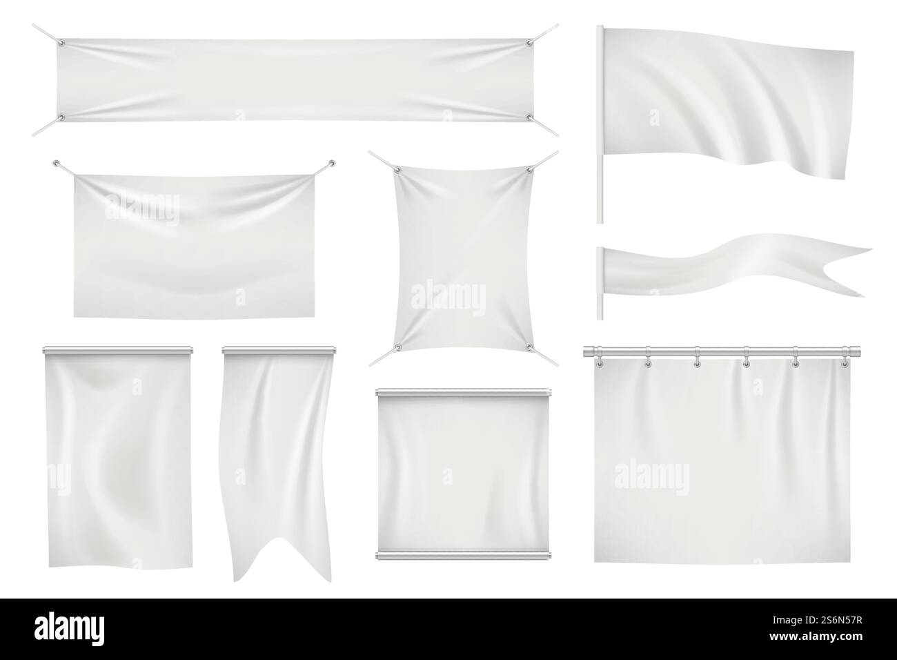 Striscioni in tessuto. Bandiera moderna in raso vuoto in tessuto vuoto per messaggi promozionali tessuti vettoriali modelli realistici. Tessuto bianco a bandiera, tessuto per immagini realistiche. Striscioni in tessuto. Bandiera moderna in raso vuoto in tessuto vuoto per messaggi promozionali tessuti vettoriali modelli realistici Illustrazione Vettoriale