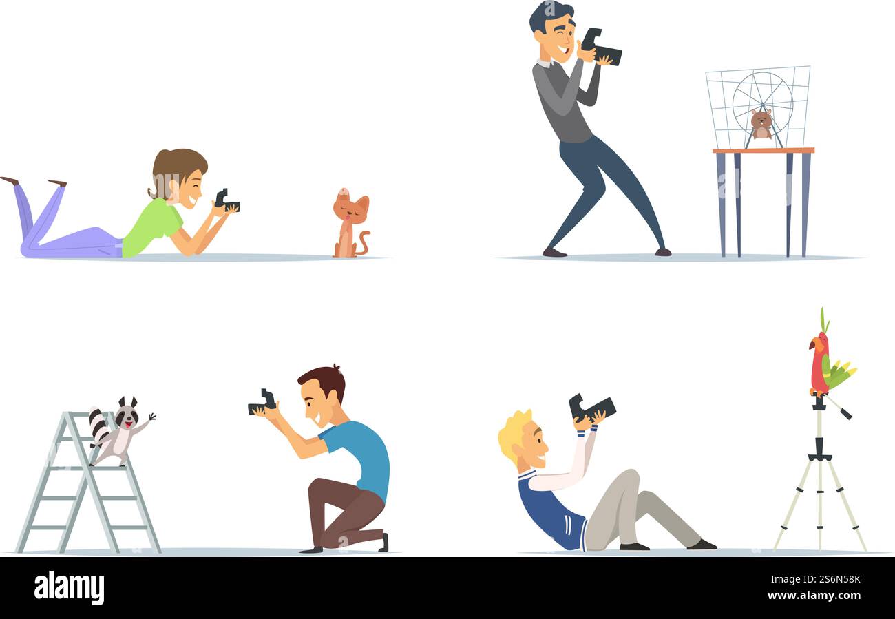 Fotografi di animali. Blogger con fotocamere e illustrazioni vettoriali per animali domestici. Fotografa e accarezza con la fotocamera. Fotografi di animali. Blogger con fotocamere e illustrazioni vettoriali per animali domestici Illustrazione Vettoriale