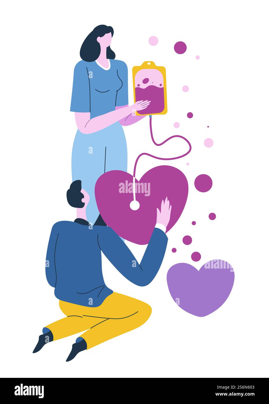 Donatore volontario di sangue, infermiere e donatore in cliniche. Trasfusione e raccolta di misure biomateriali, sanitarie e preventive per il trattamento. Giorno della donazione e aiuto per il vettore malato in stile piatto. Trasfusione di sangue, infermiera con donatore volontario in cliniche Illustrazione Vettoriale