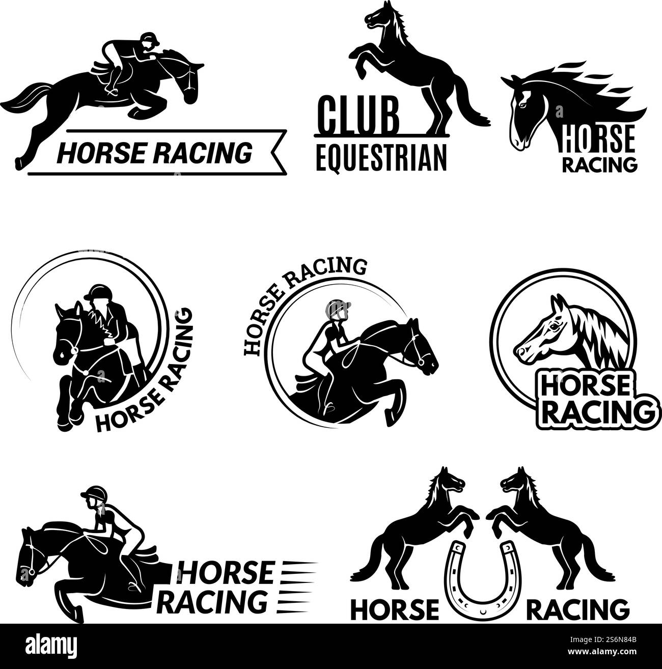 Distintivi per le corse di cavalli. Logo o emblema dello sport equestre con cavallo da corsa in diverse posizioni modelli vettoriali per club di polo. Cavallo sportivo equestre, emblema dell'animale, distintivo con illustrazione dello stallone. Distintivi per le corse di cavalli. Logo o emblema dello sport equestre con cavallo da corsa in diverse posizioni modelli vettoriali per club di polo Illustrazione Vettoriale