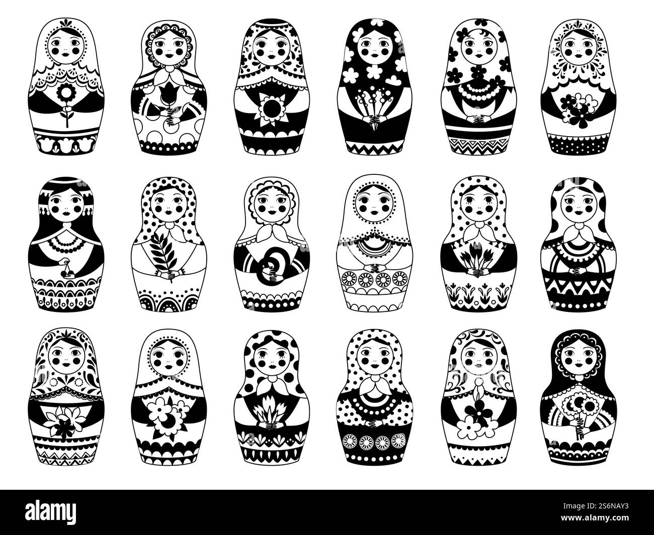 Collezione di bambole russe. Monocromatico giocattolo femminile tradizionale decorazione floreale donna mosca autentici volti russi set vettoriale. Tradizionale illustrazione in matreshka femminile fatta a mano. Collezione di bambole russe. Monocromatico giocattolo femminile tradizionale decorazione floreale donna mosca autentici volti russi set vettoriale Illustrazione Vettoriale
