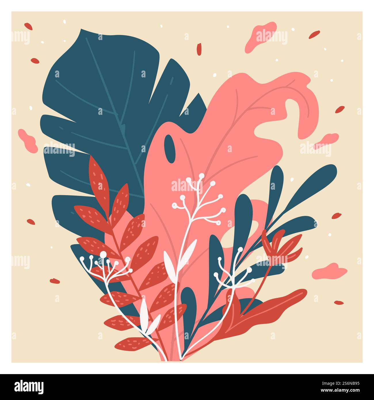 Cespuglio esotico con fogliame e fiori, piante fiorenti, varietà di flora. Decorazioni botaniche con foglie lussureggianti, erbario di piante di casa. Ornamento con fioritura tropicale, vettoriale in stile piatto. Arbusti tropicali con fiori e foglie di monstera vettoriali Illustrazione Vettoriale